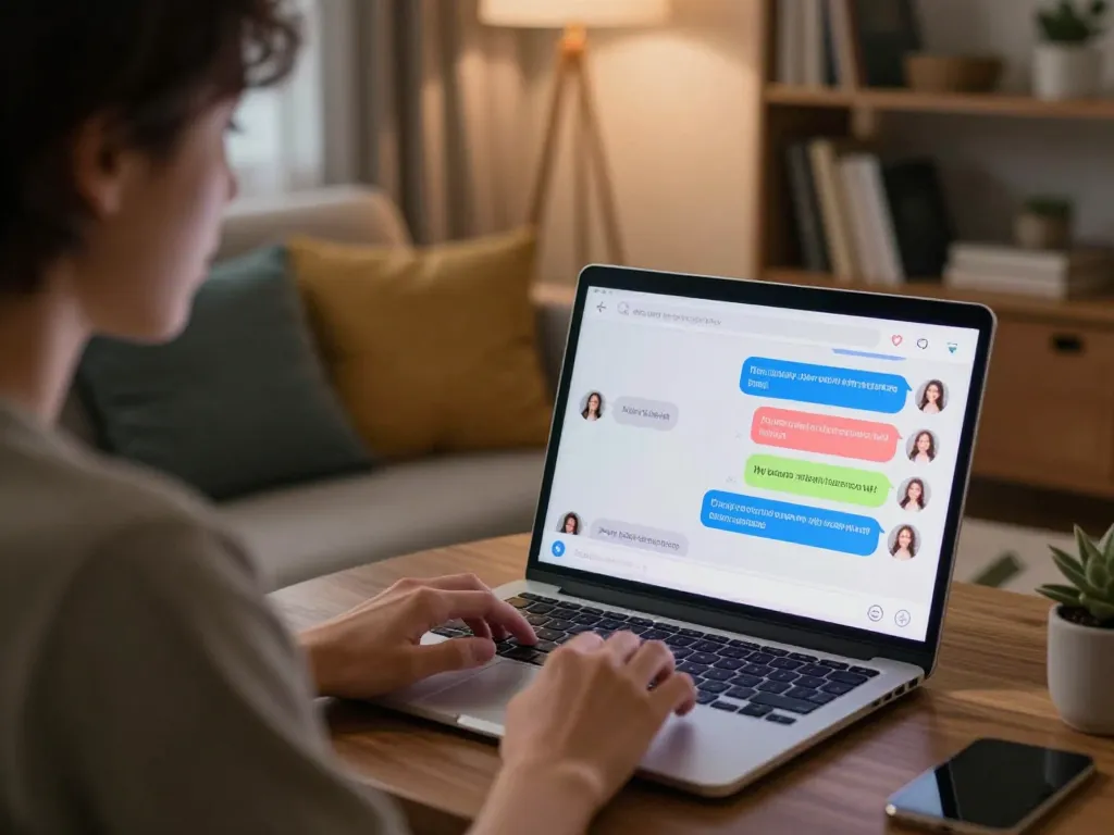 Engaging in ai sex chat with a playful AI companion on a laptop in a cozy setting.