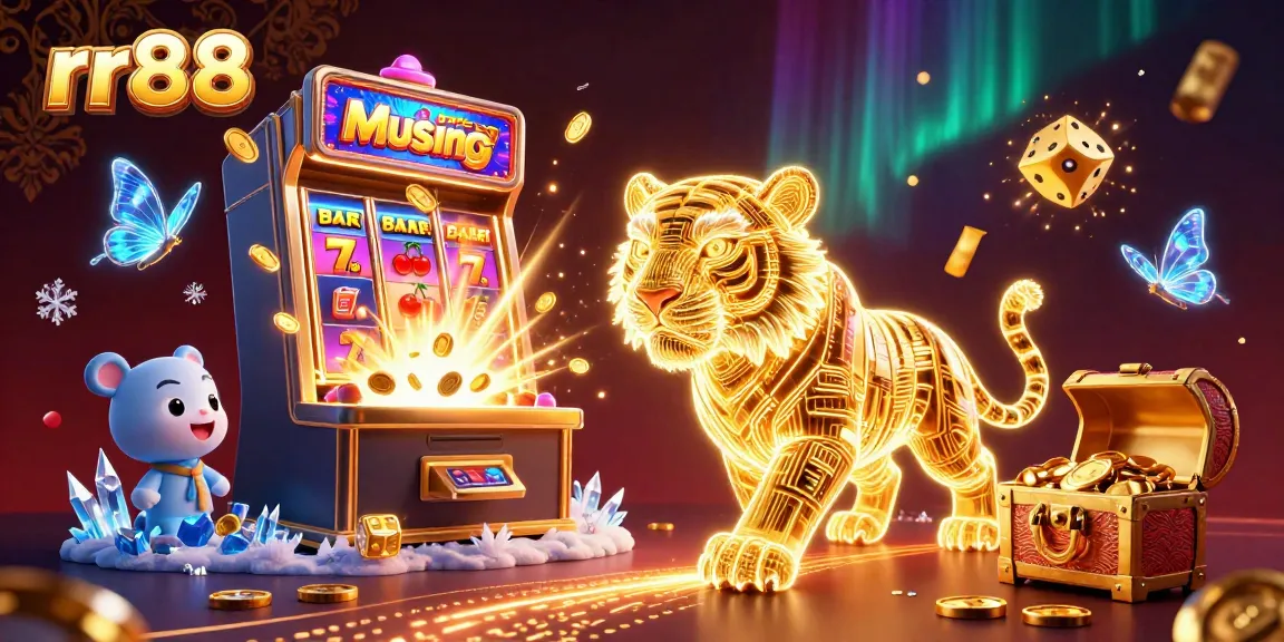 Experience winning at rr88 with a vibrant casino scene of a golden tiger and slot machine.