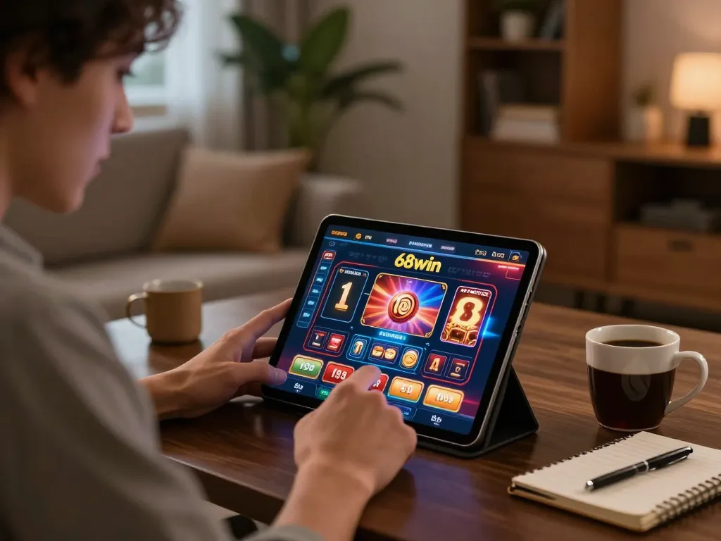 Engaging with 68win online casino on a tablet in a cozy home setting