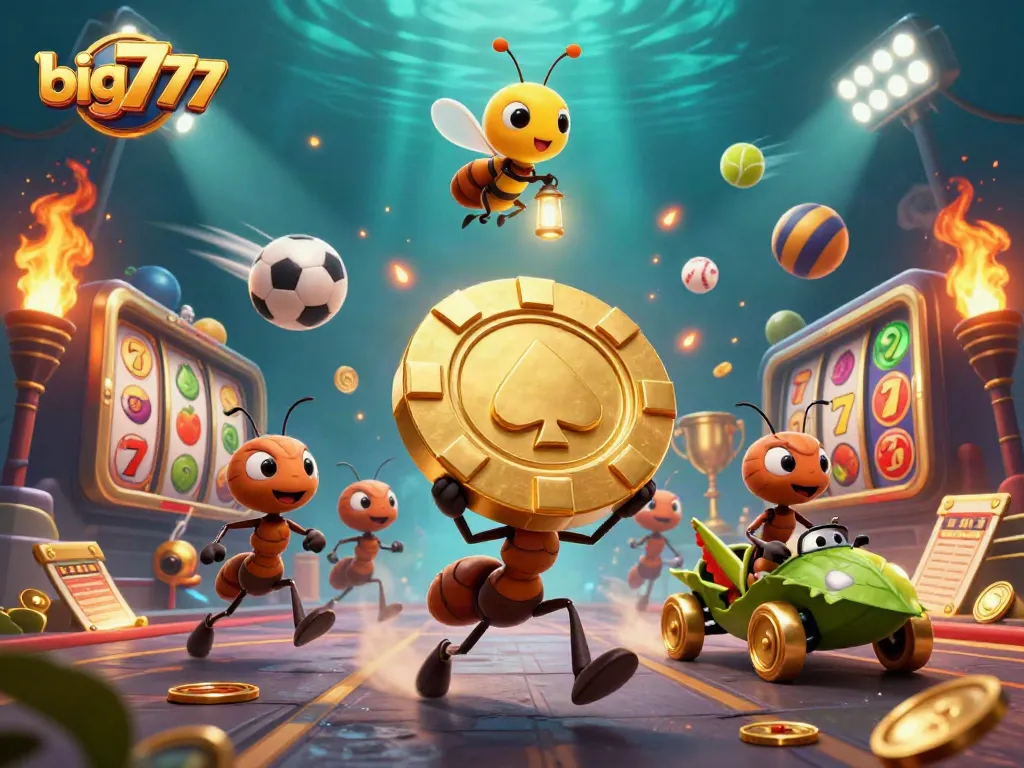 Experience big777 excitement as ants run a heist with a huge poker chip surrounded by dynamic casino elements.