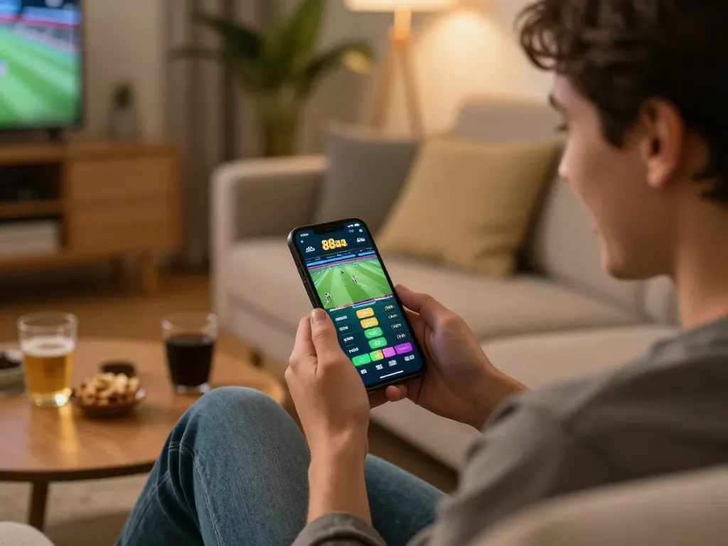 Person using 88aa app on a smartphone to place sports bets from a cozy home environment.