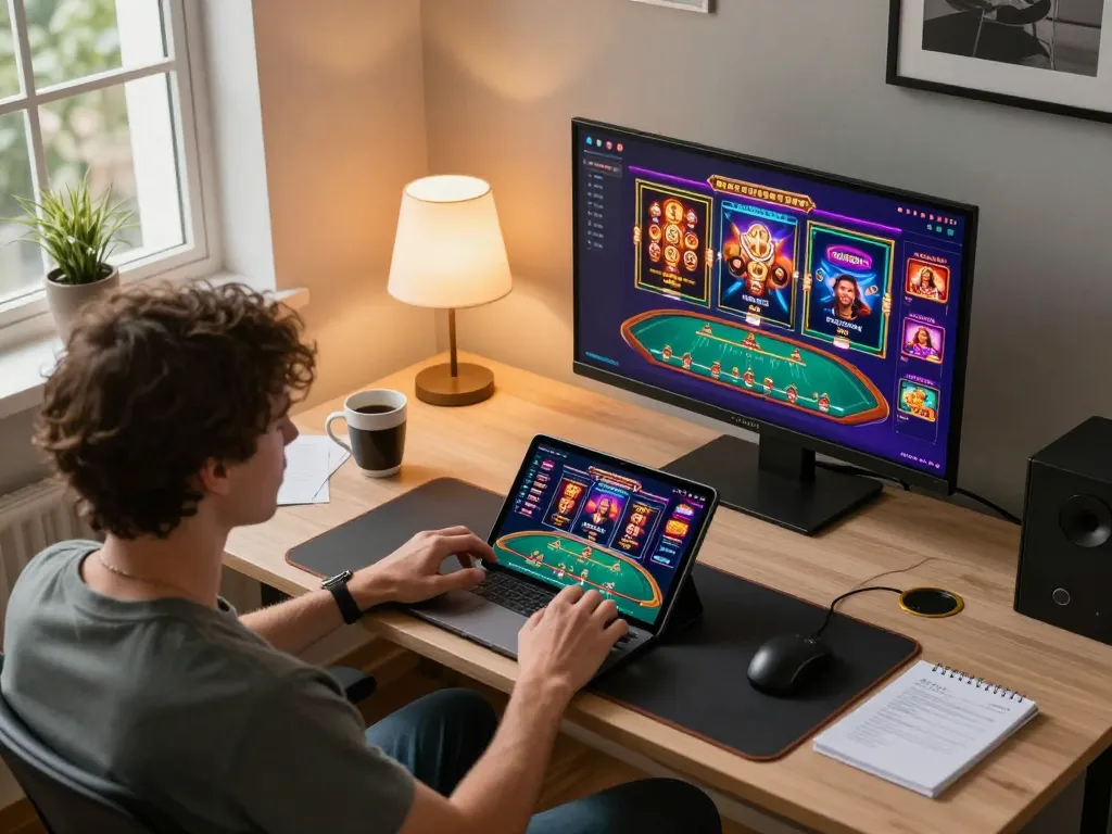 Person engaged in exciting online casino gameplay with TR88 on a laptop device, surrounded by a cozy and inviting home environment.