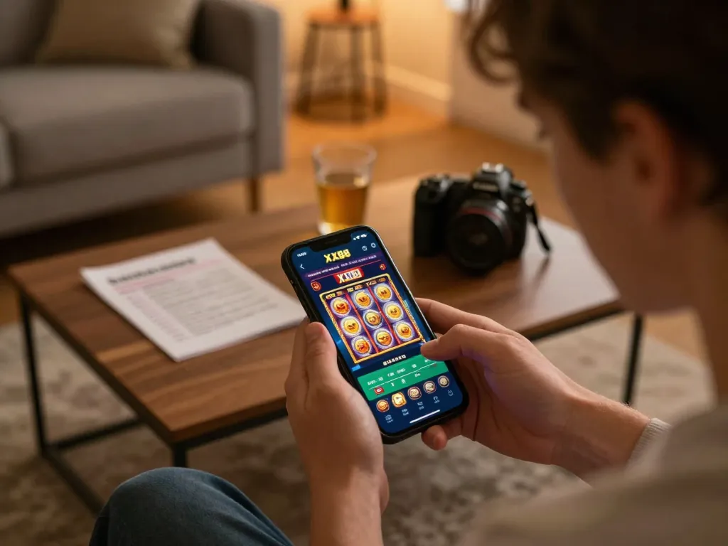 Player engaging with the XX88 casino app on smartphone, highlighting vibrant gaming graphics and a cozy atmosphere.