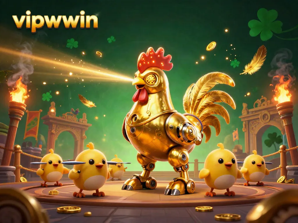 Engage with vipwwin's golden rooster robot in a vibrant casino scene filled with excitement.