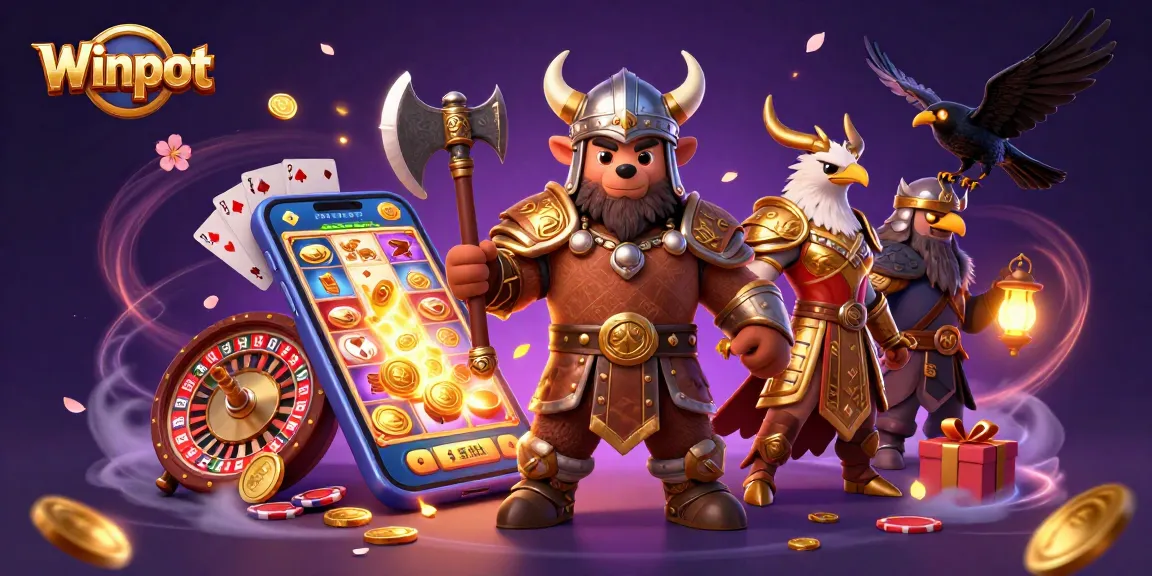 Winpot features an engaging Viking bear and Valkyrie eagle amidst dynamic casino elements.