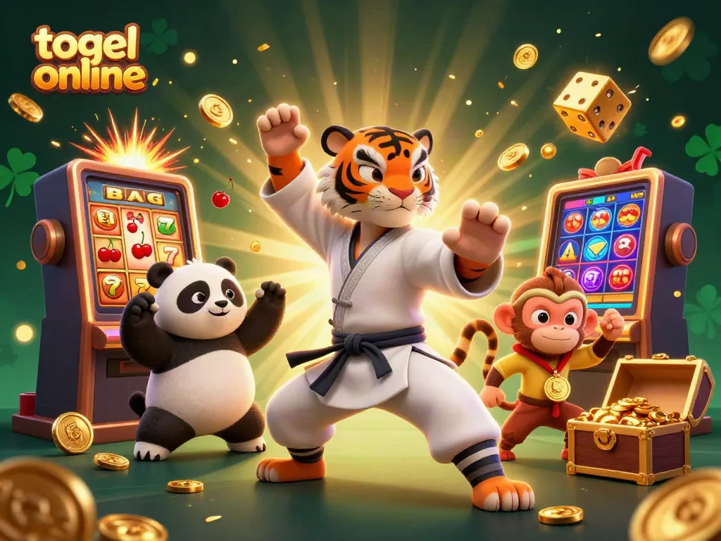 Engaging scene with a kung fu tiger mastering togel online, surrounded by vibrant casino elements and golden treasures.