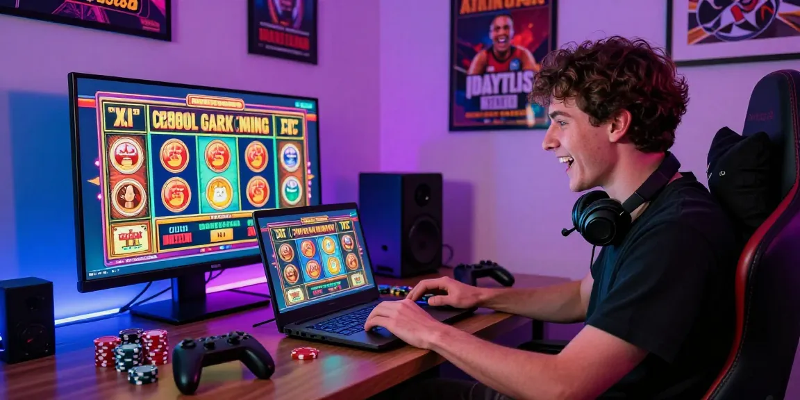 Player enjoying a thrilling slot gacor game on a gaming laptop, colorful LED lights enhancing the experience.