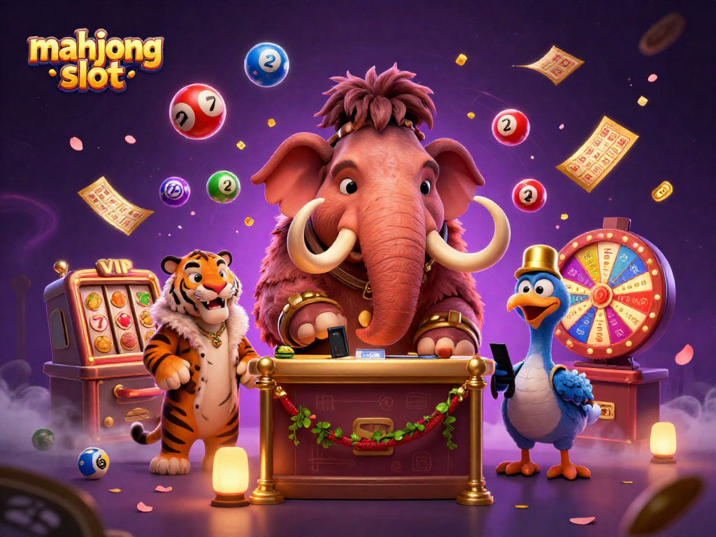 Engage with mahjong slot in an ultra-detailed 3D scene featuring whimsical casino characters and vibrant game elements.