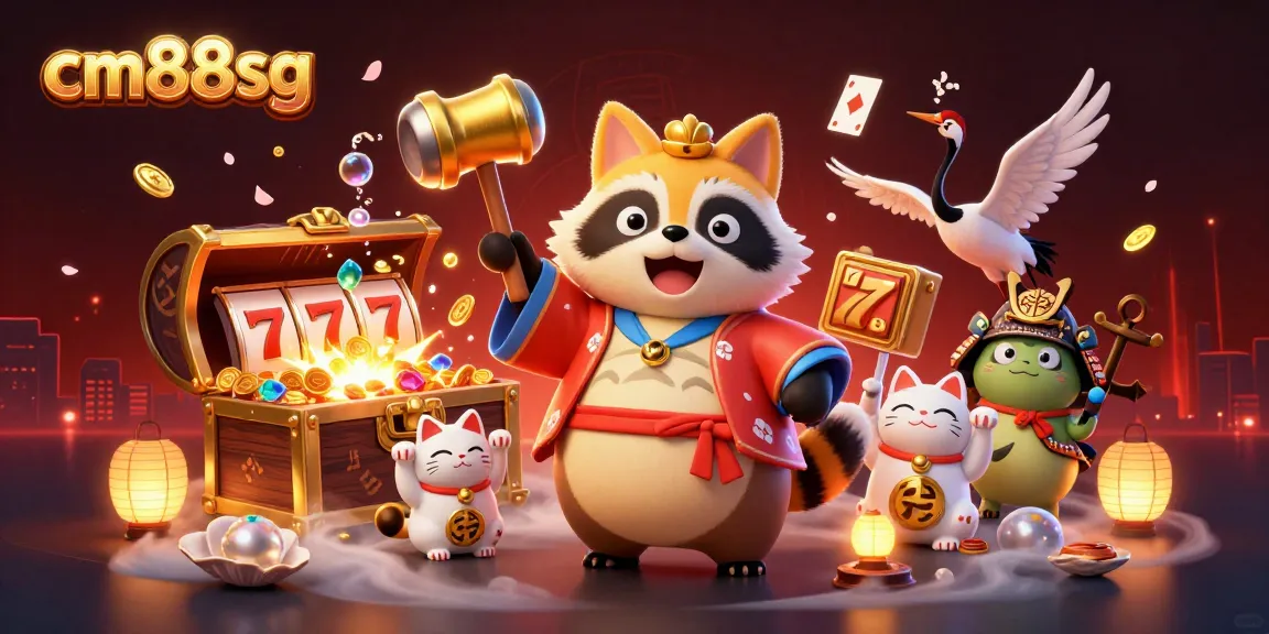 Experience thrilling wins with cm88sg's vibrant casino scene featuring lucky raccoons and games.