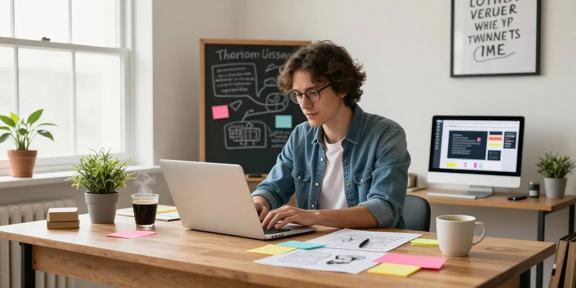 Ruang kerja kreatif individu dengan laptop dan catatan di meja, menunjukkan proses kerja dalam konteks halte4d.