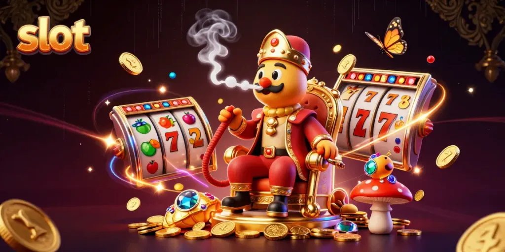 Memutar slot yang mengesankan dengan simbol slot dan koin emas yang berkilau.