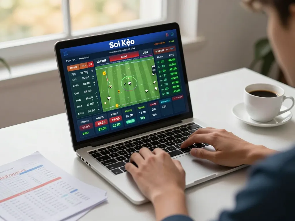 Soi Kèo sports betting live odds displayed on a laptop, highlighting active engagement in responsible gambling activities.