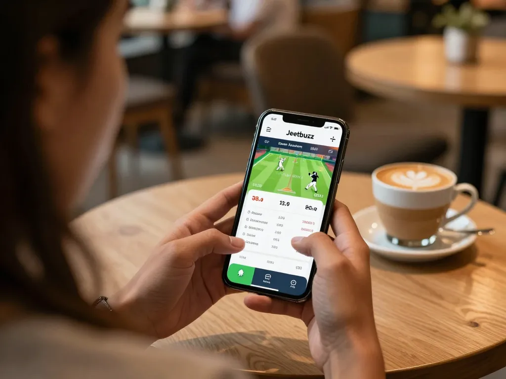 Betting on cricket matches via the Jeetbuzz app in a cozy café setting.