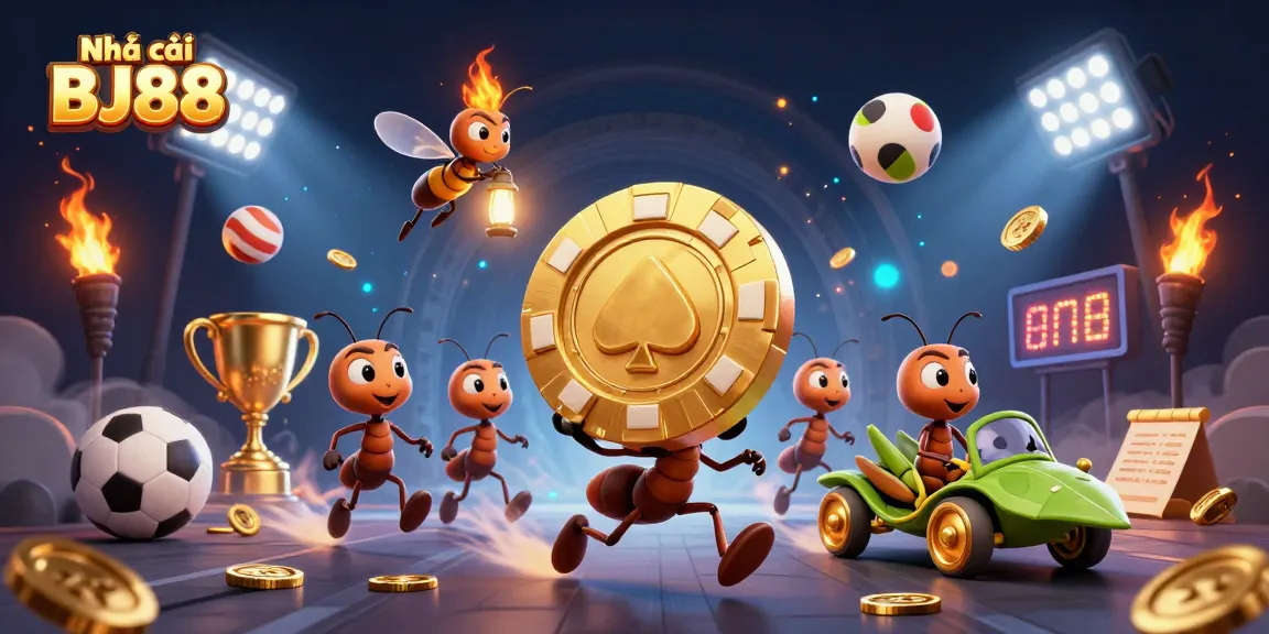 Place your bets at Nhà cái BJ88 with a thrilling heist scene featuring 3D cartoon ants.