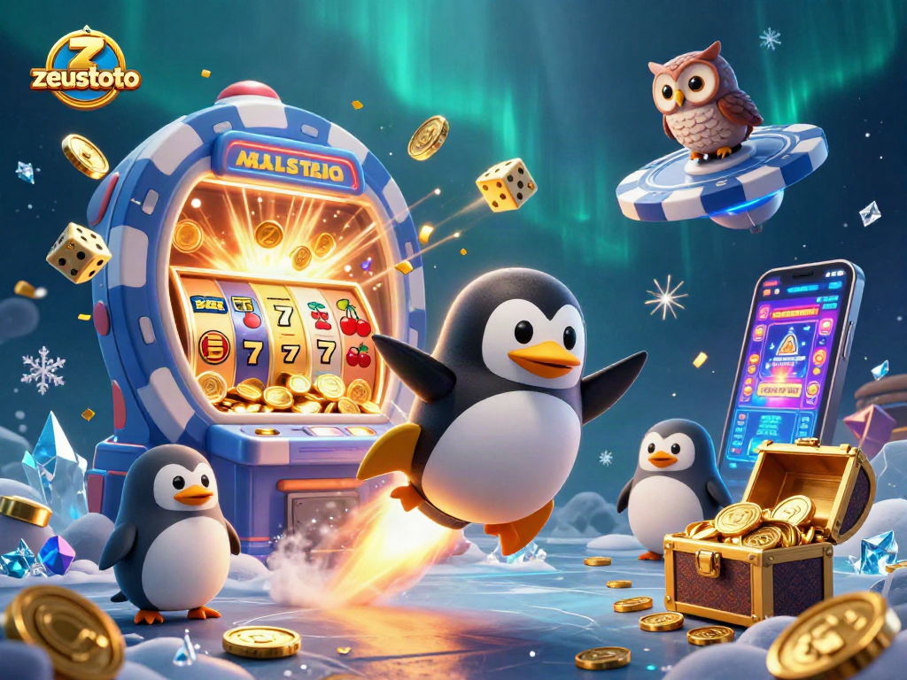 Experience zeustoto's thrilling casino adventure with a golden penguin and jackpot explosion.