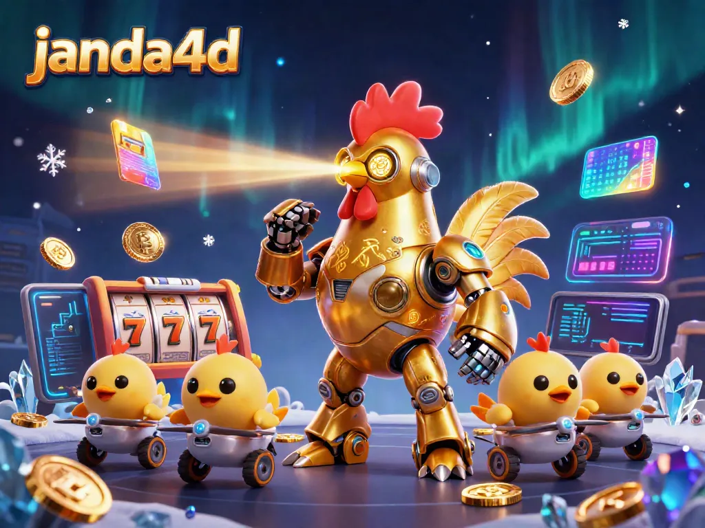 Berinteraksi dengan slot dan simbol keberuntungan di janda4d, gambar robot ayam emas futuristik.