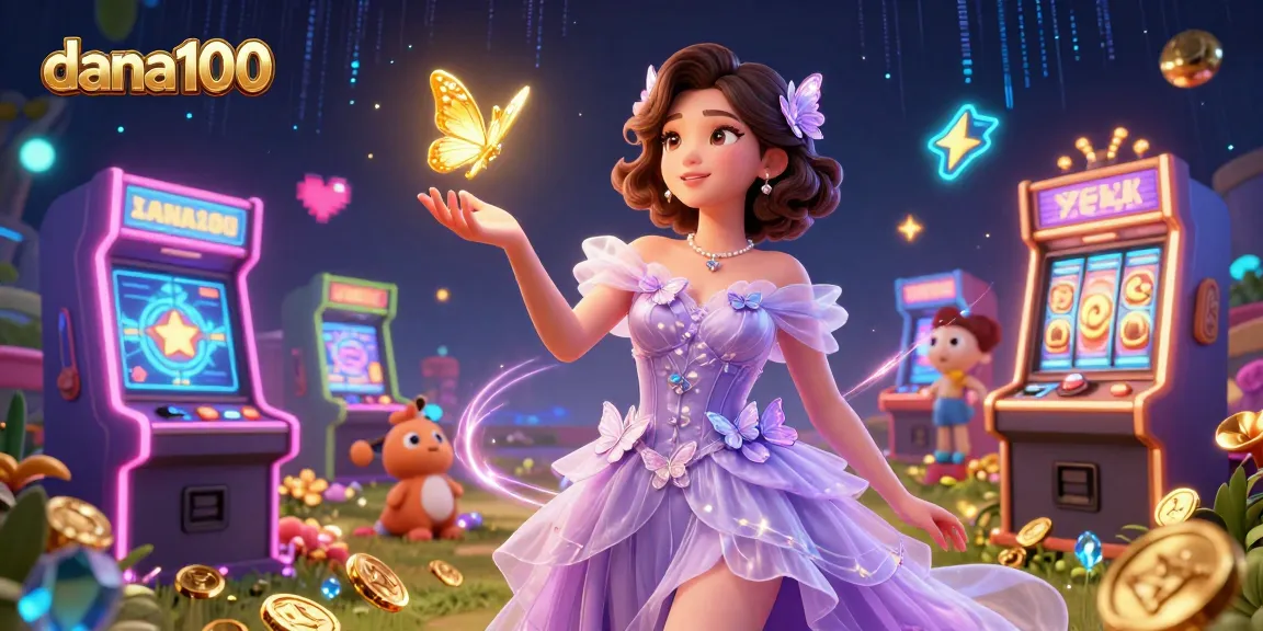 Experience excitement with dana100 as vibrant slot machines and golden butterflies illuminate a gambling scene.