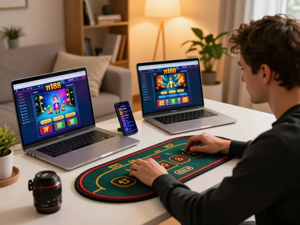 Player engaging with n188 online casino interface from a cozy home gaming setup