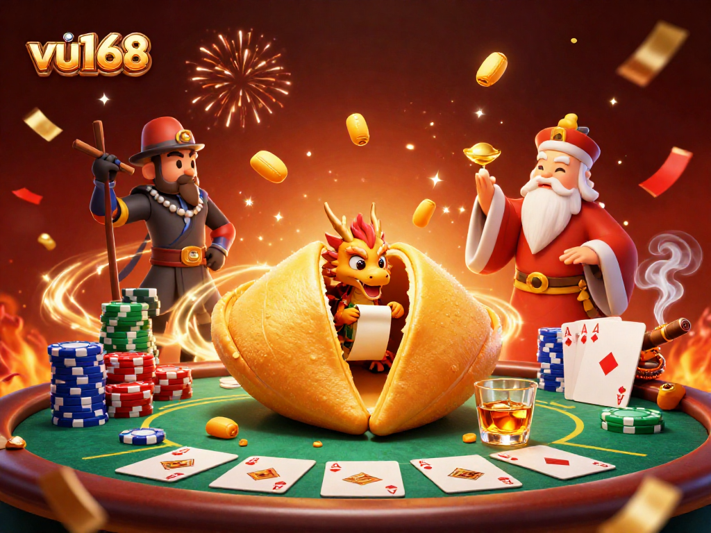 Engage with the vibrant casino scene at vu168 featuring a golden fortune cookie and dynamic gaming elements.