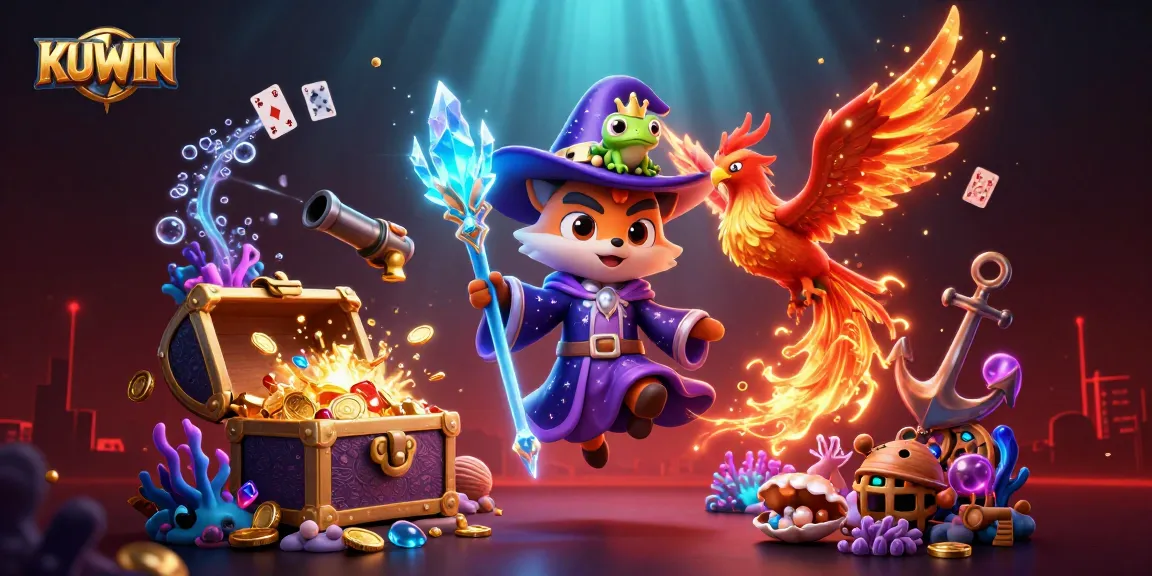 Experience thrilling gaming at KUWIN, featuring a mystical wizard fox and a phoenix amidst bursting treasures.