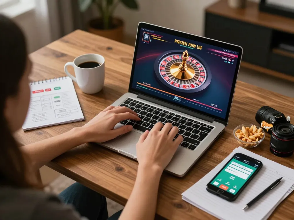 Playing live casino games on OPEN88 COM with a cozy home setup, complete with snacks and focused strategy notes