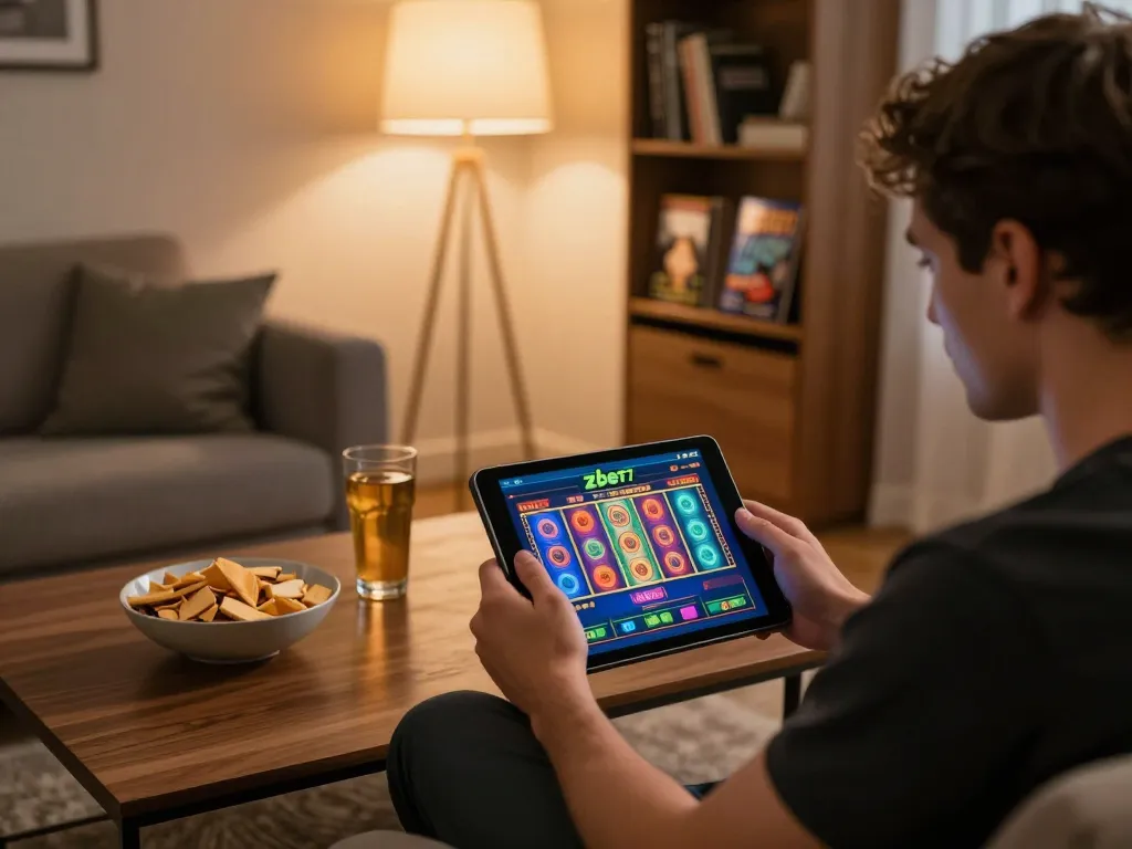 A player strategizing on zbet during an online gaming session in a cozy living room