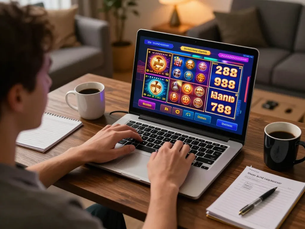 Engaging gameplay at non gamstop casinos with user at laptop and colorful game interface.