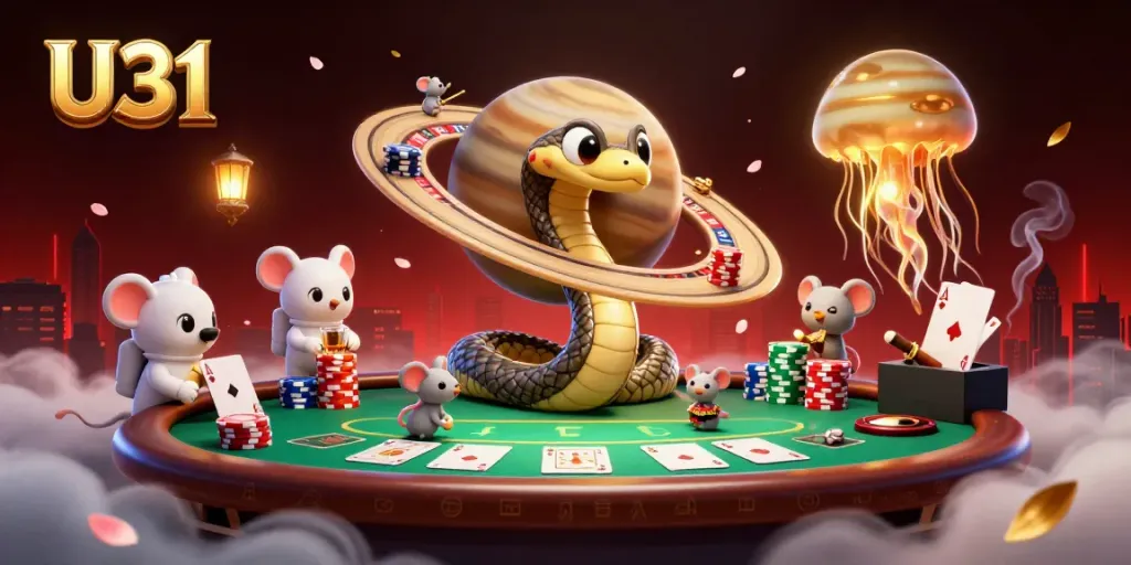 Experience U31 gaming excitement as mice bet on Saturn's roulette rings amidst vibrant casino elements.