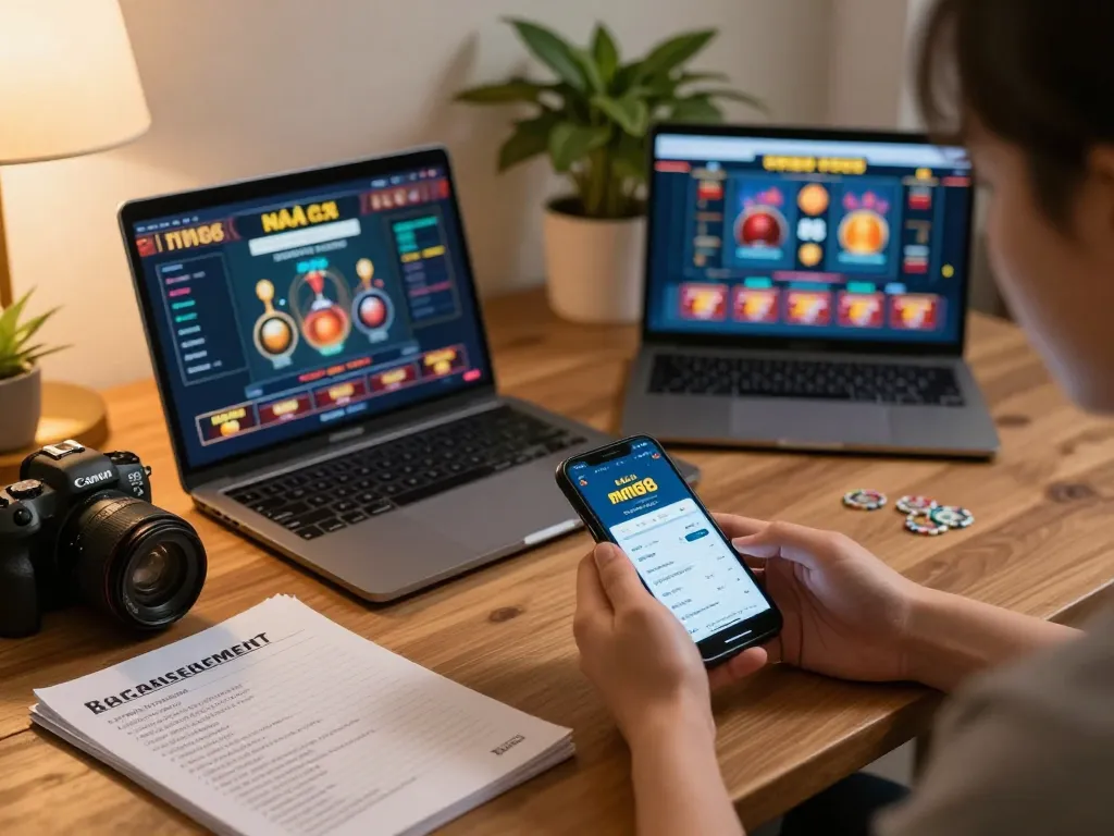 Player using nhà cái mm88 app for online betting in cozy home setting