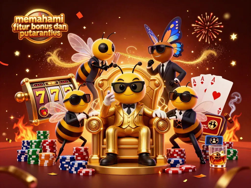 Menggambarkan memahami fitur bonus dan putaran gratis dengan boss lebah kartun 3D dan elemen slot berwarna-warni.