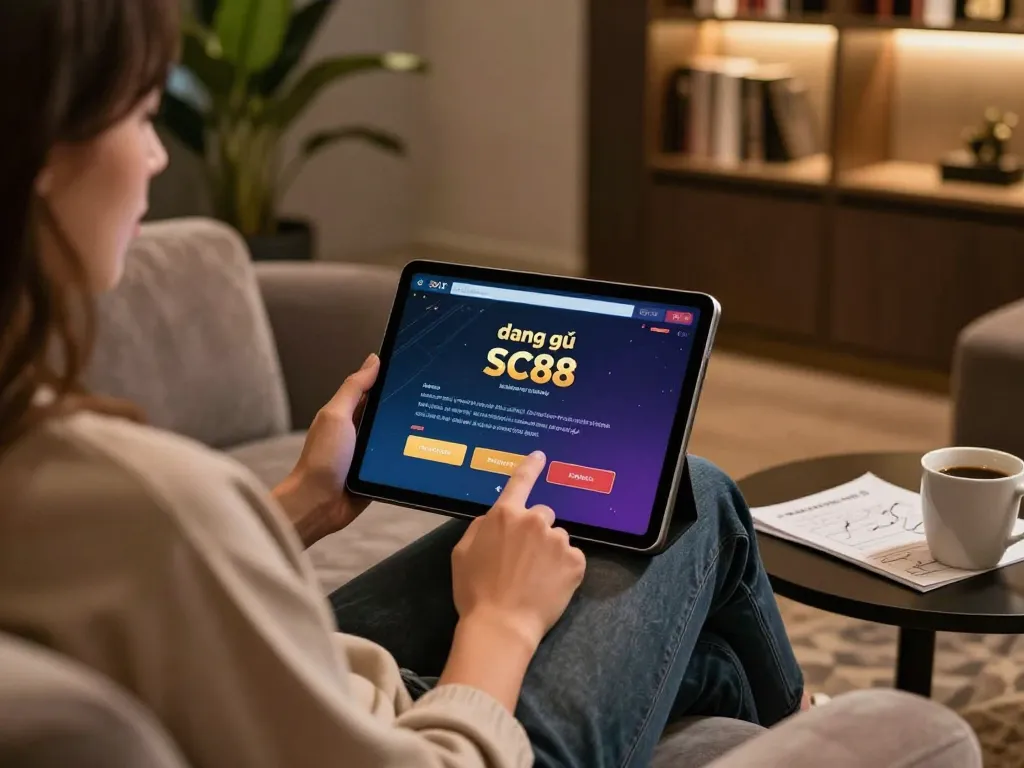 Engaging in đăng ký SC88 on a tablet in a cozy home setting.