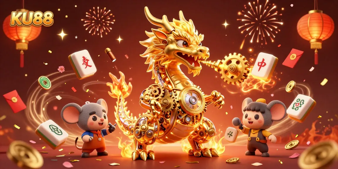 Engage with KU88's vibrant casino scene featuring a golden dragon and celebratory elements.