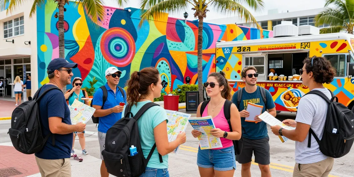 Wisatawan mengeksplorasi seni dan budaya di Miami 4D dengan mural berwarna-warni dan suasana ceria.