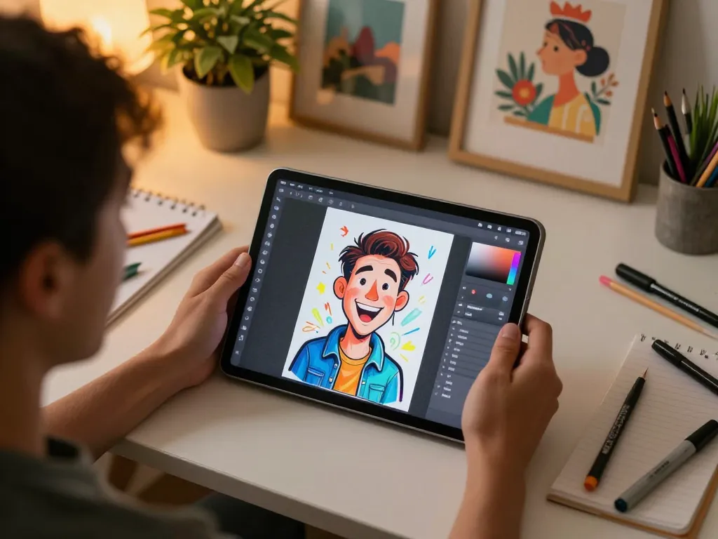 Creating a Chatgpt caricature on a tablet in an inviting home setting.