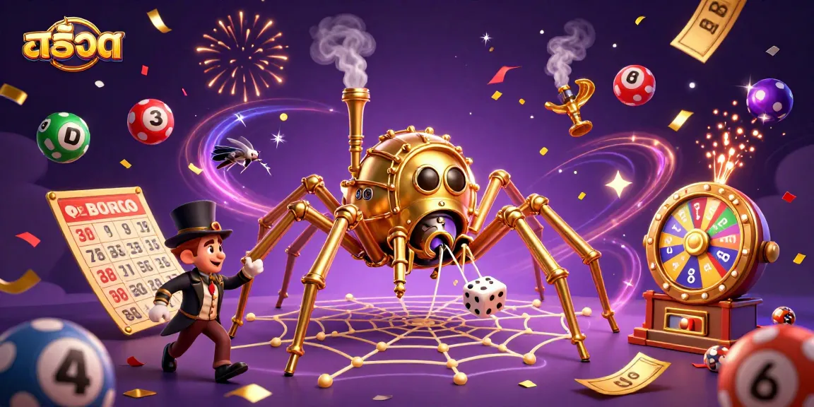 Engage with สล็อต in a vibrant casino-themed 3D illustration of a steampunk spider and lucky lottery elements.