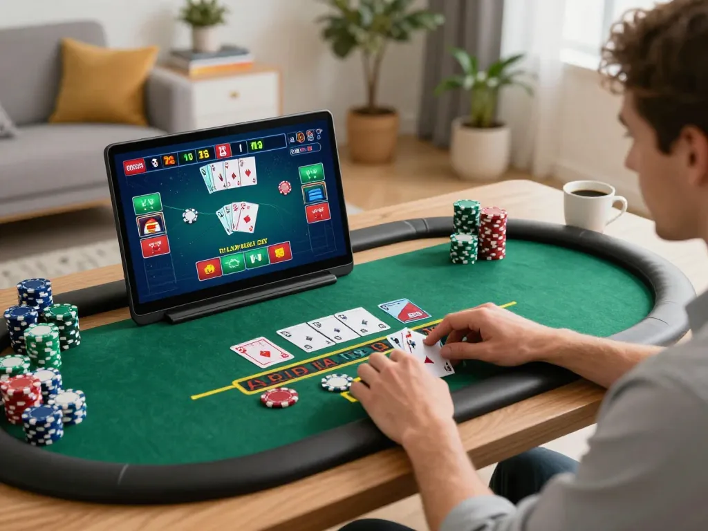 Player engaging in live dealer blackjack on LC88 at home, showcasing a strategic online gambling experience