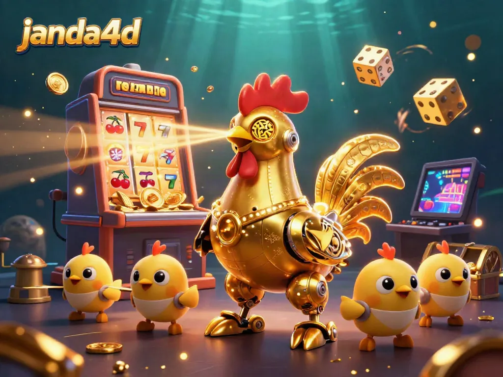 Janda4d menghadirkan permainan slot spektakuler dengan karakter robot dan simbol berkilau dalam suasana kasino yang riang.