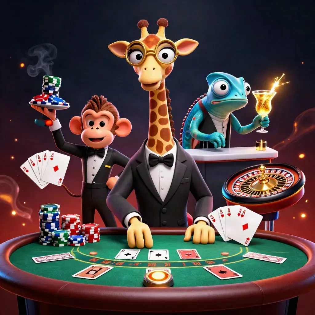 Giraffe, monkey, and chameleon at a glowing casino table with cards, chips, and roulette.