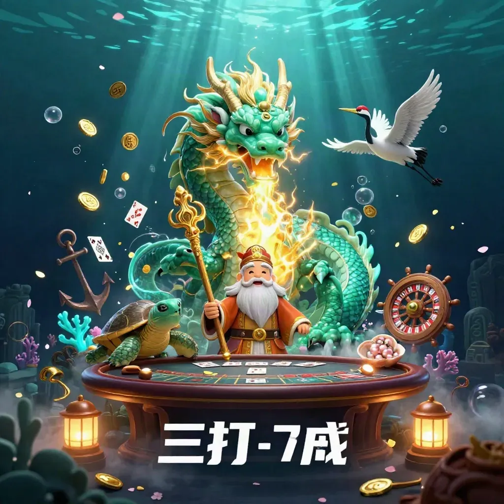 Jade dragon, turtle sage and cranes in a glowing underwater casino treasure cove.