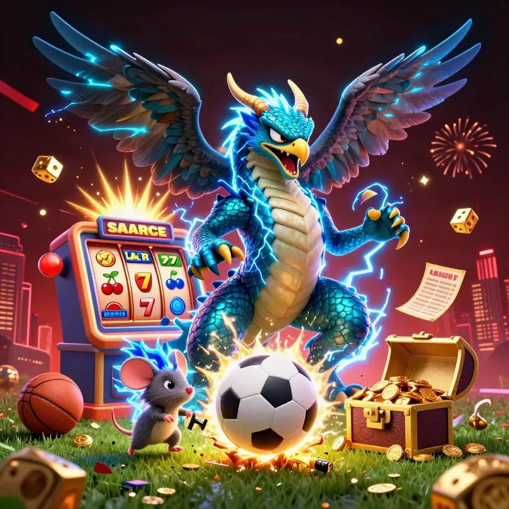 Lightning dragon, hawk, and mouse burst around a soccer ball with casino game elements and glowing city lights.