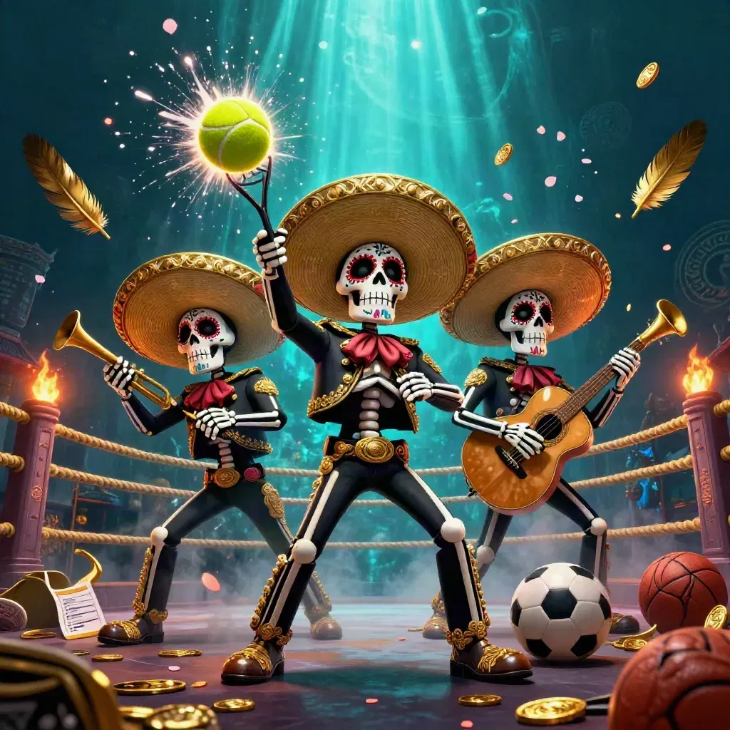 Skeleton mariachi trio with tennis ball blast, coins, petals, temple gate, and casino glow.