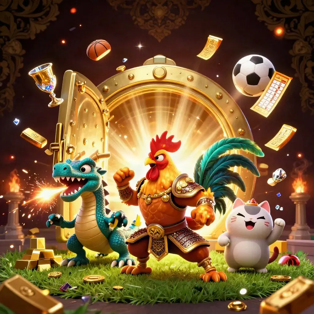 Rooster warrior, dragon hatchling and fortune cat amid gold vault loot and sports gear.