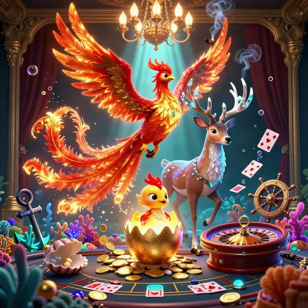 Phoenix trio and casino treasure cove under chandelier glow, teal-gold luxury.