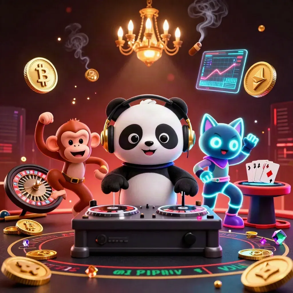 DJ panda, dancing monkey and glow-stick kitten in a luxe neon casino with coins, roulette and tech