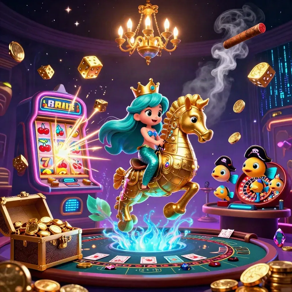 Mermaid princess rides armored seahorse amid slot bursts, treasure, and casino glow.