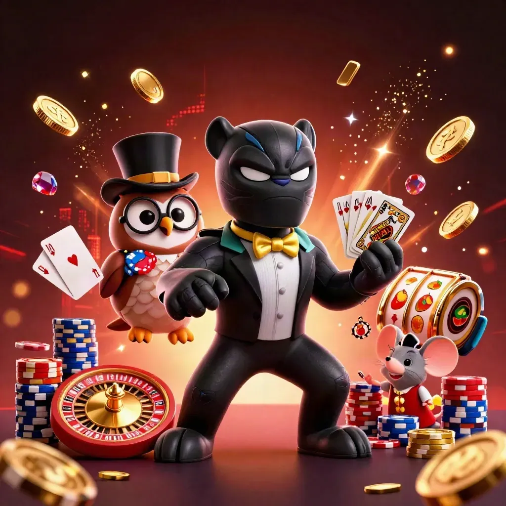 Panther, owl, and mouse casino heroes amid gold coins, gems, chips, and a spinning roulette wheel.