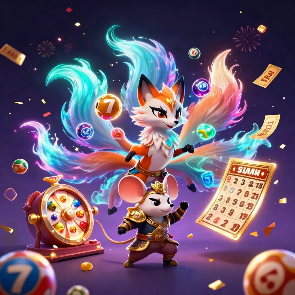 Neon fox spirit and armored mouse amid casino prizes, confetti, stars, and magical energy