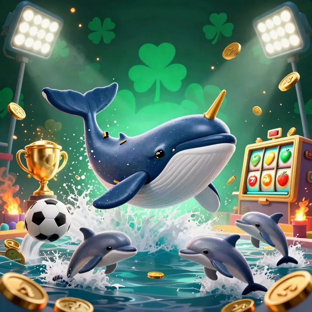 Whale captain, narwhal, and dolphins explode through coins with casino props and gold light.