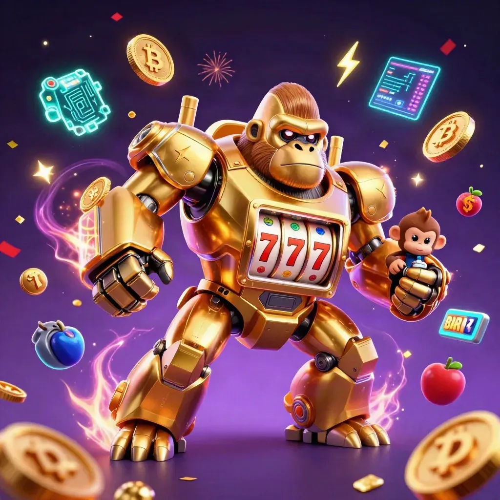 Golden gorilla slot-mech with tiny monkey pilot, exploding coins, neon energy, and casino-game effects.