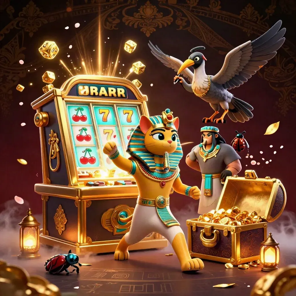 Pharaoh cat, ibis scribe, and gem-winged scarabs amid exploding slot machine treasure.